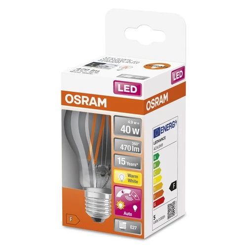 OSRAM Star+ LED-Lampe mit Tageslichtsensor für E27-Sockel, Filament-Optik ,Warmweiß (2700K), 470 Lumen, Ersatz für herkömmliche 40W-Leuchtmittel, nicht dimmbar, 1-er Pack, E27