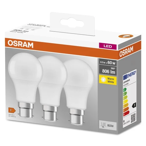 OSRAM BASE CLA60 8,5W/827 230VFR B22D FS3, Warmweiß, 3er Pack