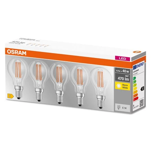 OSRAM LED Base Classic LED Lampe Filament (ex 40W) 4W / 2700K Warmweiß E14, 5er Pack