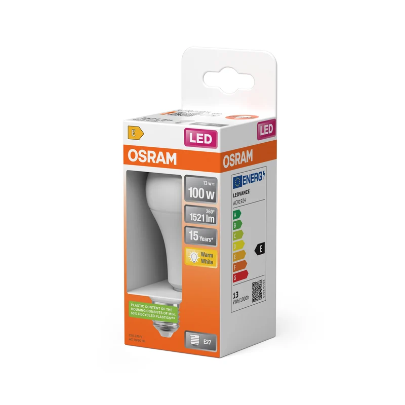 OSRAM LED PCR LAMP WITH CLASSIC A in A-Form, LED-Lampe, Matt, 13 W, (ex 100 W), 1521 lm, Warmweiß, 2700 K, 15000 h, CRI 80