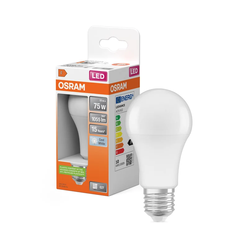 OSRAM LED LAMP WITH CLASSIC A in A-Form, LED-Lampe, Matt, 10 W, (ex 75 W), 1055 lm, Kaltweiß, 4000 K, 15000 h, CRI 80