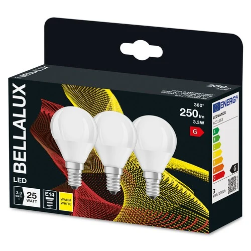 BELLALUX LED-Lampe E14, matt, 2700K Warmweiß, Tropfenform, Ersatz für 25W, 3er-Pack