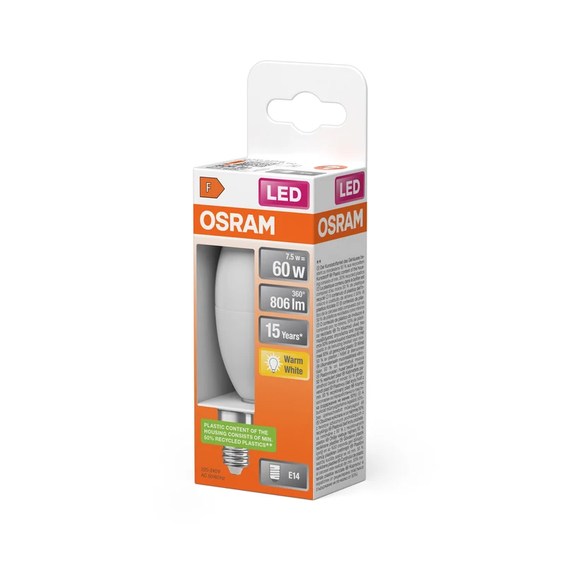OSRAM LED PCR LAMP WITH CLASSIC B in B-Form, LED-Lampe, Matt, 7 W, (ex 60 W), 806 lm, Warmweiß, 2700 K, 15000 h, CRI 80