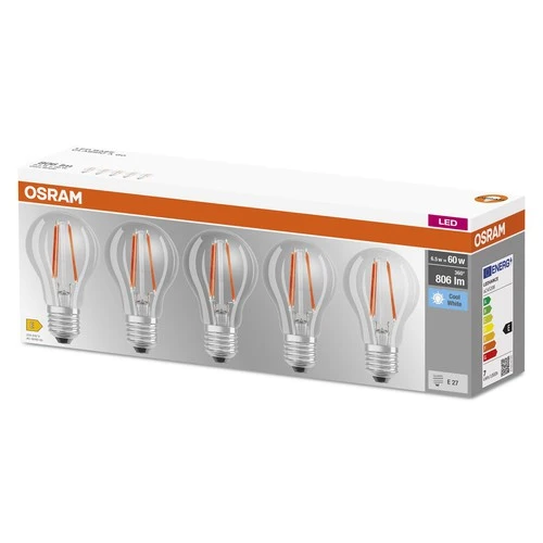 OSRAM LED BASE CLASSIC A Lampe klar (ex 60W) 6,5W / 4000K Kaltweiß E27 5er