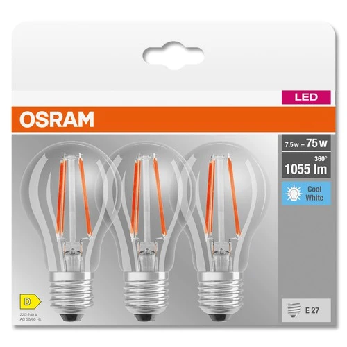 OSRAM LED BASE CLASSIC A Lampe klar (ex 75W) 7,5W / 4000K Kaltweiß E27, 3er Pack