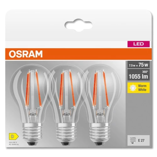 OSRAM LED BASE CLASSIC A Lampe klar (ex 75W) 7,5W / 2700K Warmweiß E27, 3er Pack