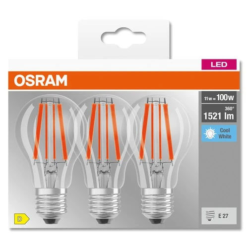 OSRAM LED BASE CLASSIC A Lampe klar (ex 100W) 11W / 4000K Kaltweiß E27 3er Pack