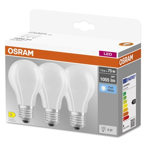 OSRAM LED BASE CLASSIC A Lampe matt (ex 75W) 7,5W / 4000K Kaltweiß E27, 3er Pack