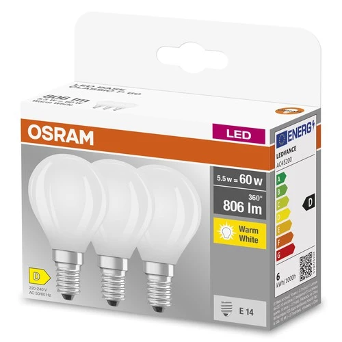 OSRAM LED BASE RETRO MATT CLP LED-Lampen, klassische Miniballform 6W E14 827, 3er Pack , Warmweiß
