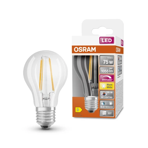 OSRAM Dimmbare LED-Lampe LED SUPERSTAR+ CL A FIL 75 dim 7,5W/927 E27 CRI90 BOX, E27 , Warmweiß