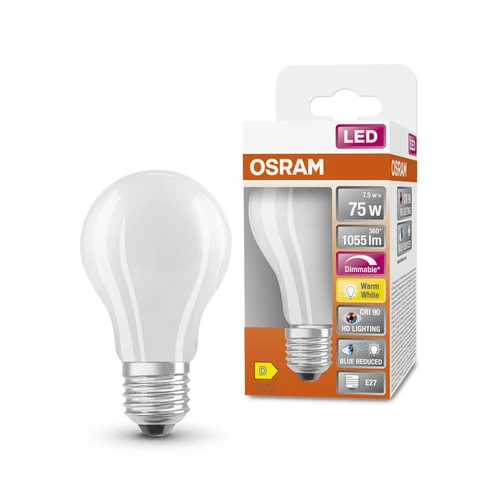 OSRAM Dimmbare LED-Lampe LED SUPERSTAR+ CL A GL FR 75 dim 7,5W/927 E27 CRI90 BOX, E27 , Warmweiß
