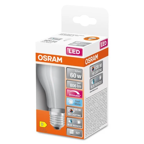 OSRAM Dimmbare LED-Lampe LED SUPERSTAR+ CL A GL FR 60 dim 5,8W/940 E27 CRI90 BOX, E27 , Kaltweiß