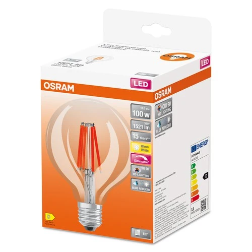 OSRAM Dimmbare FILAMENT LED-Lampe LED SUPERSTAR+ CL GLOBE95 FIL 100 dim 11W/927 E27 CRI90 BOX, E27 , Warmweiß