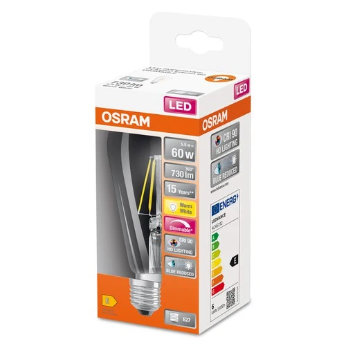 OSRAM Dimmbare FILAMENT LED-Lampe LED SUPERSTAR+ CL Edison FIL 60 dim 5,8W/927, CRI90 E27