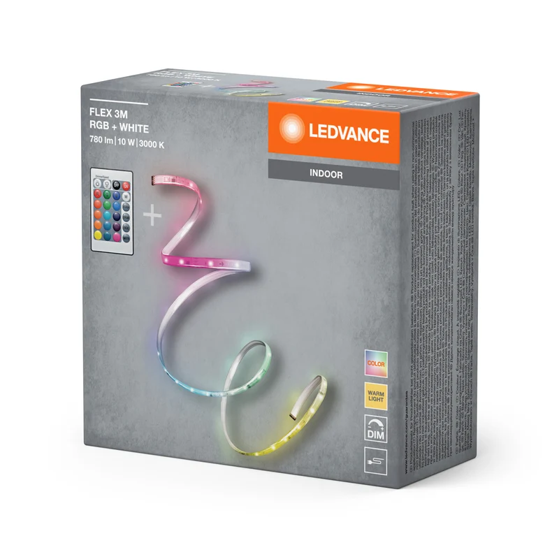 LEDVANCE FLEX 3M LED-Streifen RC, weiß, 9W, 600lm, warmweißes Licht, integrierter Sound-Receiver, RGB-Farbsensor, Fernbedienung, lange Lebensdauer, einfache Montage, Schutzklasse IP20