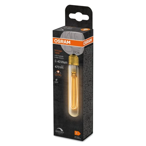 OSRAM Dimmbare LED-Lampen, 1906 Vintage-Edition, 40 Watts Ersatz, E27, Tubular, 2200 Kelvin, Warm Comfort Light, Klares Glas, single Pack, E27