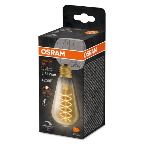 OSRAM Dimmbare LED-Lampen, Vintage-Edition, 37 Watts Ersatz, E27, G95-shape, 2200 Kelvin, Warm Comfort Light, Klares Glas, single Pack