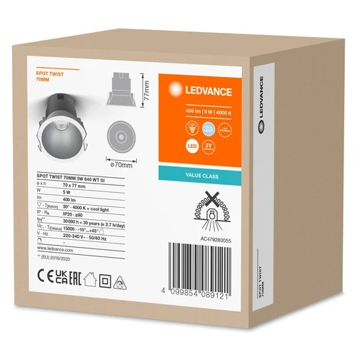 LEDVANCE SPOT TWIST Ø 70mm Downlight, silber, 5W, 400lm, 840 WT