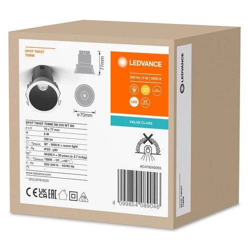 LEDVANCE SPOT TWIST Ø 70mm Downlight, schwarz, 5W, 400lm, 830 WT