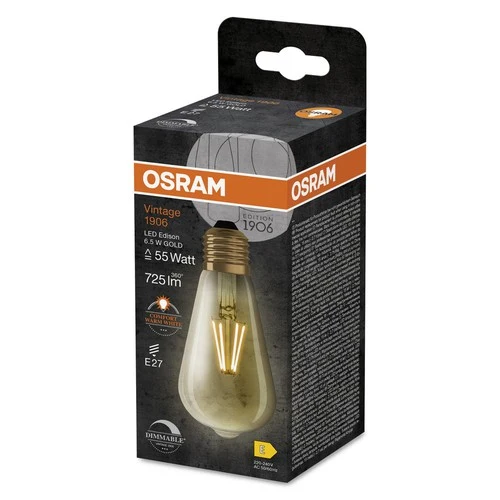 OSRAM Dimmbare LED-Lampen, Vintage-Edition, 55 Watts Ersatz, E27, ST64-shape, 2400 Kelvin, Comfort warm white, Klares Glas, single Pack, E27