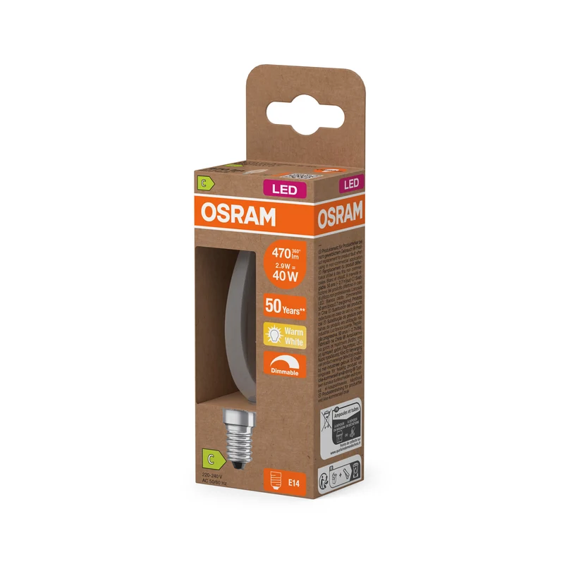 OSRAM LED CLASSIC B ENERGY EFFICIENCY C DIM in B-Form, LED-Lampe, Bleifreies Glas, Klar, 2,9 W, (ex 40 W), 470 lm, Warmweiß, 2700 K, Dimmbar, 50000 h, CRI 80