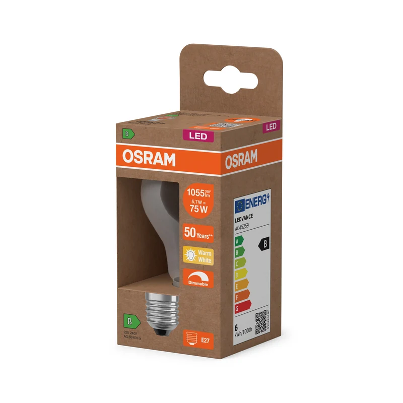 OSRAM LED CLASSIC A ENERGY EFFICIENCY B DIM in A-Form, LED-Lampe, Bleifreies Glas, Klar, 5,7 W, (ex 75 W), 1055 lm, Warmweiß, 2700 K, Dimmbar, 50000 h, CRI 80