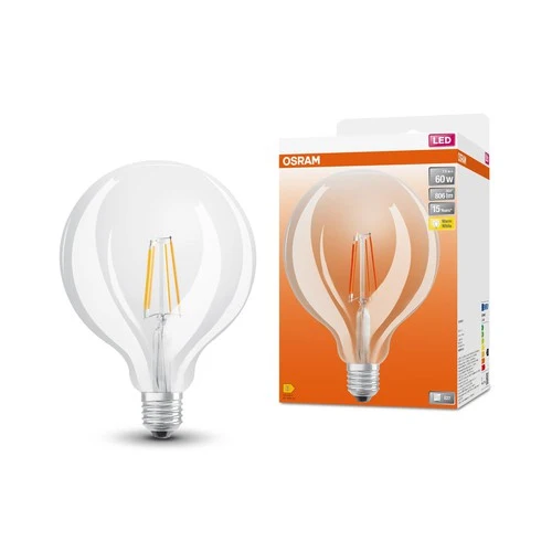 OSRAM LED-Lampen, klassische Ballform, 60 Watts Ersatz, E27, G125, 2700 Kelvin, Warm weiß, Klares Glas, single Pack