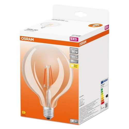 OSRAM LED-Lampen, klassische Ballform, 60 Watts Ersatz, E27, G125, 2700 Kelvin, Warm weiß, Klares Glas, single Pack