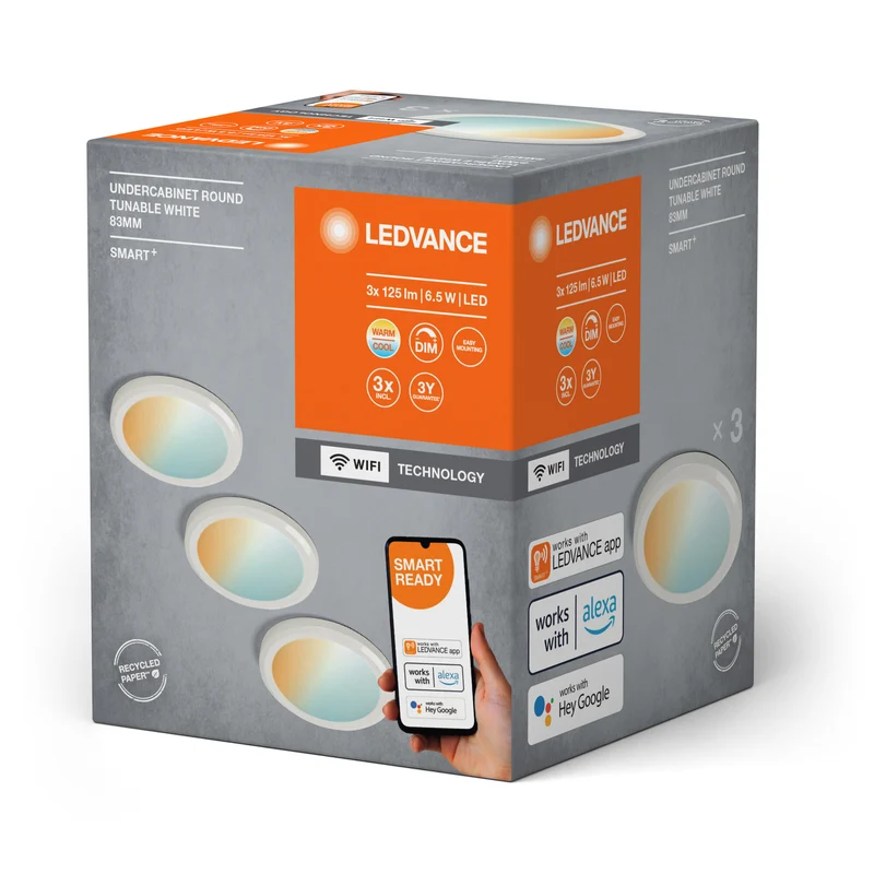 LEDVANCE SMART+ WIFI Unterschrankleuchte, rund, weiß, 6,5W, 375lm, 83mm, regulierbares Weißlicht, dimmbar, lange Lebensdauer, einfache Montage, App-steuerbar, 3000K - 6500K, für Küche, Regal