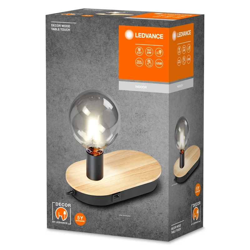 LEDVANCE DECOR Wood Touch Tischleuchte USB, schwarz/holz, E27