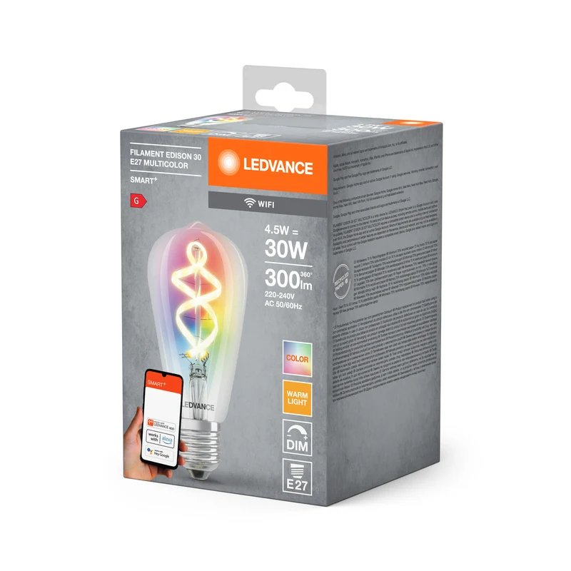 LEDVANCE SMART+ WiFi Filament Edison RGBW , LED-Lampe, Bleifreies Glas, Klar, 4,5 W, (ex 30 W), 300 lm, Warmweiß, 2700 K, Wifi, Smartspeaker-Kompatibel, Dimmbar