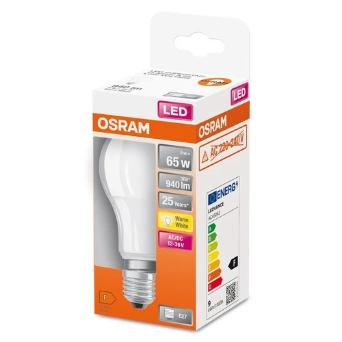 OSRAM LED-Lampen, klassische Kolbenform, 12V-36V, 65 Watts Ersatz, E27, A-shape, 2700 Kelvin, Warm weiß, Matt, single Pack