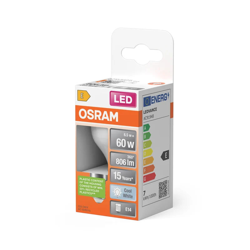 OSRAM LED PCR LAMP WITH CLASSIC P in P-Form, LED-Lampe, Matt, 7,5 W, (ex 60 W), 806 lm, Kaltweiß, 4000 K, 15000 h, CRI 80