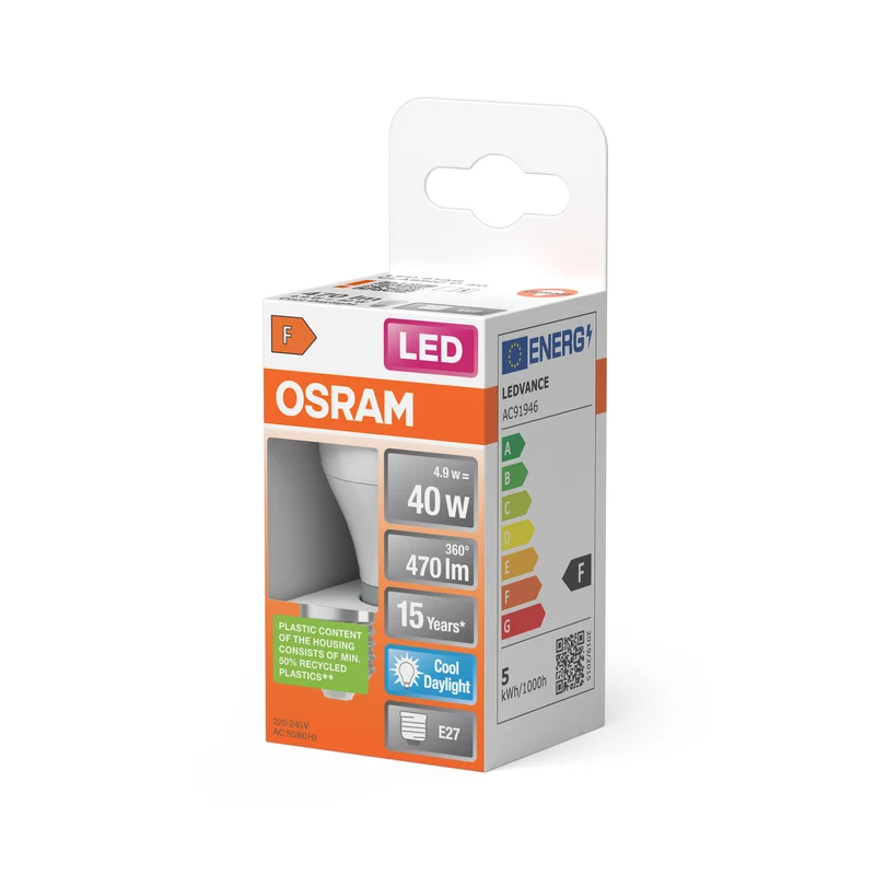 OSRAM LED PCR LAMP WITH CLASSIC P in P-Form, LED-Lampe, Matt, 4,9 W, (ex 40 W), 470 lm, Kaltweiß, 6500 K, 15000 h, CRI 80