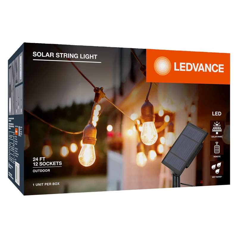 LEDVANCE 24-ft Solar LED String Lights with Remote Control / Solar Panel, S14 Shatterproof Bulbs, Water / Damp Rated, Batteries / Accessories Included