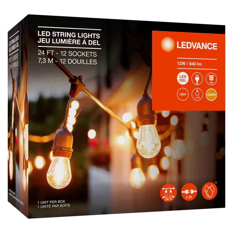 LEDVANCE 24-ft LED String Lights, Edison Shatterproof S14 Bulbs, Linkable, Indoor / Outdoor, IP65 Wet Rated, 2200K, Amber Glow, Extra Bulb Included