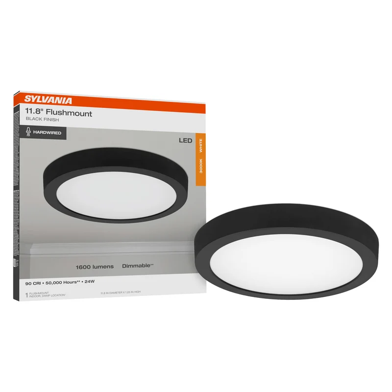 SYLVANIA 12" Flush Mount LED Fixture, 24W, 90 CRI, 1600 Lms, Hardwired, 3000K, Black