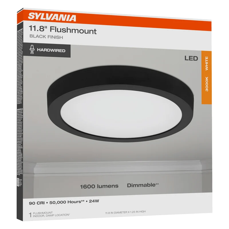 SYLVANIA 12" Flush Mount LED Fixture, 24W, 90 CRI, 1600 Lms, Hardwired, 3000K, Black