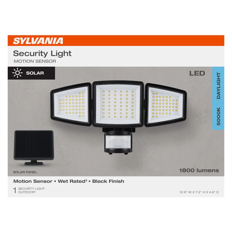 SYLVANIA Motion Sensor Solar Security Light, Solar Panel, 1800 Lms, Wet Rated, Batteries Included, 5000K, Daylight