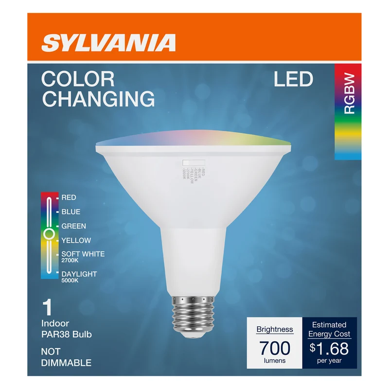 SYLVANIA 5 Color LED Light Bulb, Red / Blue / Green / Yellow / White, RGBW, 9W, PAR38, E26 Medium Base, 2700K/5000K