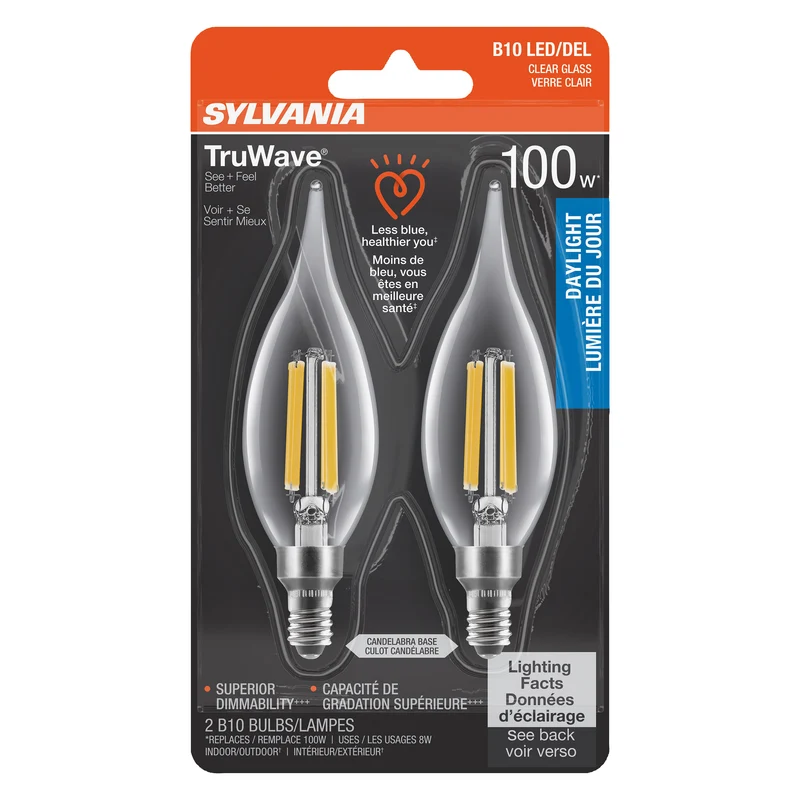 SYLVANIA LED TruWave Décor Light Bulb, B10 Chandelier 100W = 8W, Candelabra Base, Dimmable, 900 Lumens, 5000K, Clear, Daylight - 2 PK