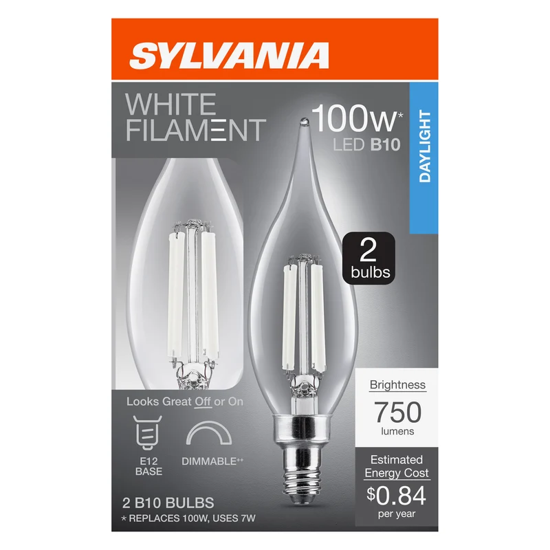 SYLVANIA B10 Clear LED White Filament Bulb, 7W, Dimmable, 750 Lms, Candelabra Base, 5000K, Daylight - 2 PK