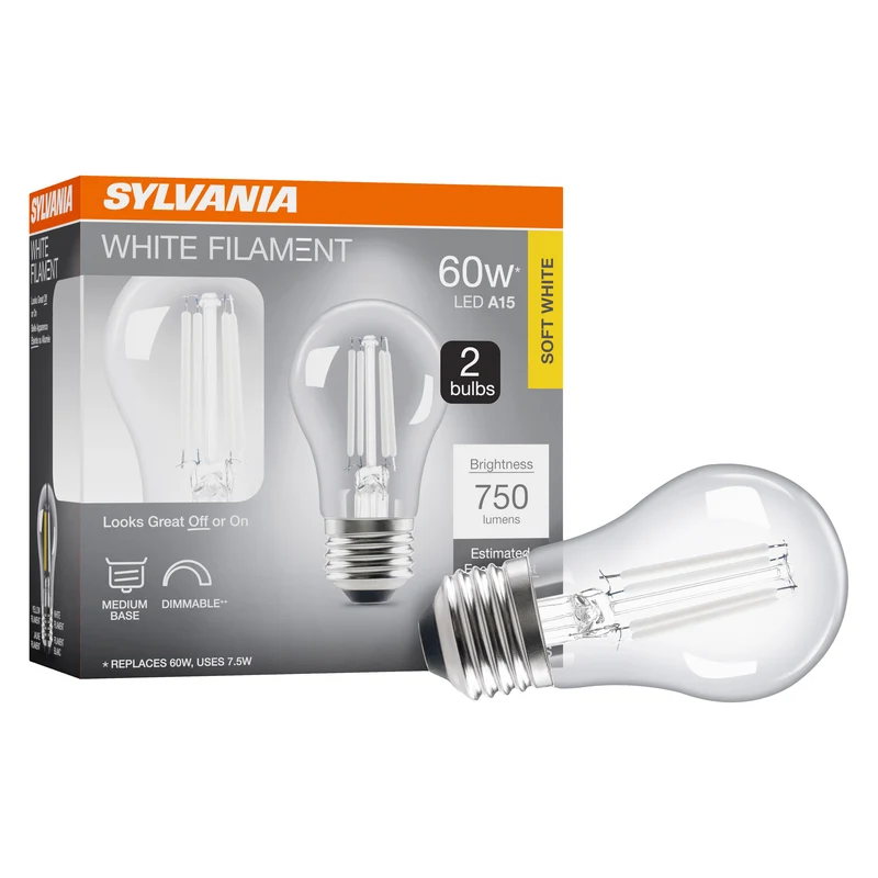 SYLVANIA A15 Clear Globe LED White Filament Bulb, 7.5W, Dimmable, 750 Lms, Medium Base, 2700K, Soft White - 2 PK