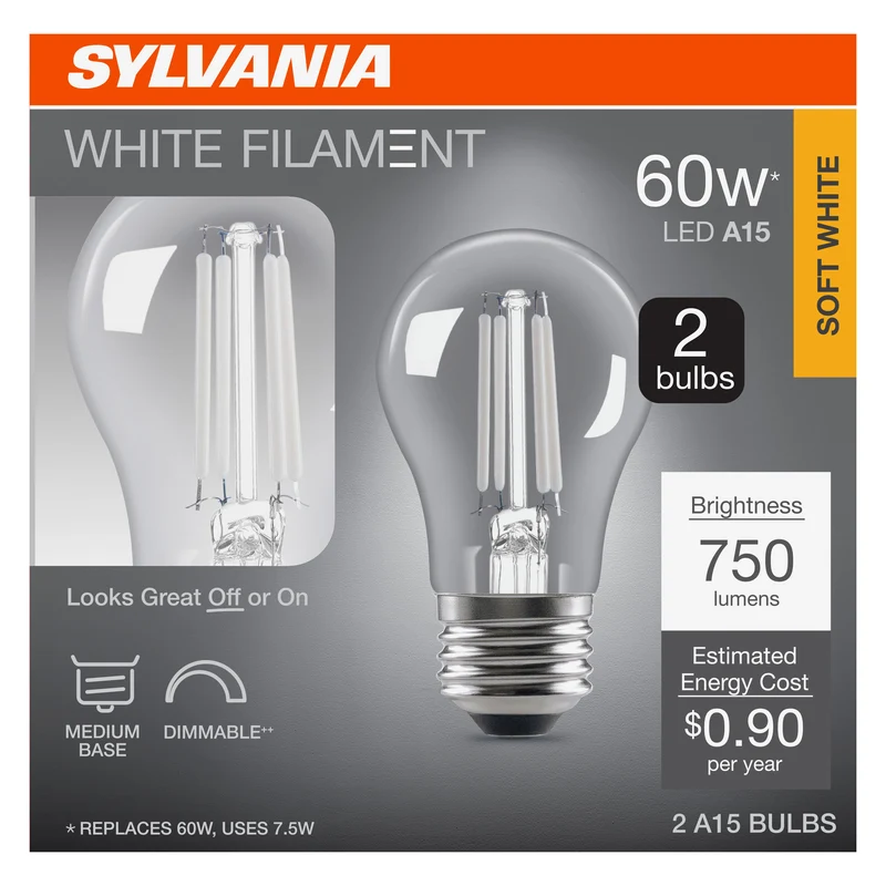 SYLVANIA A15 Clear Globe LED White Filament Bulb, 7.5W, Dimmable, 750 Lms, Medium Base, 2700K, Soft White - 2 PK