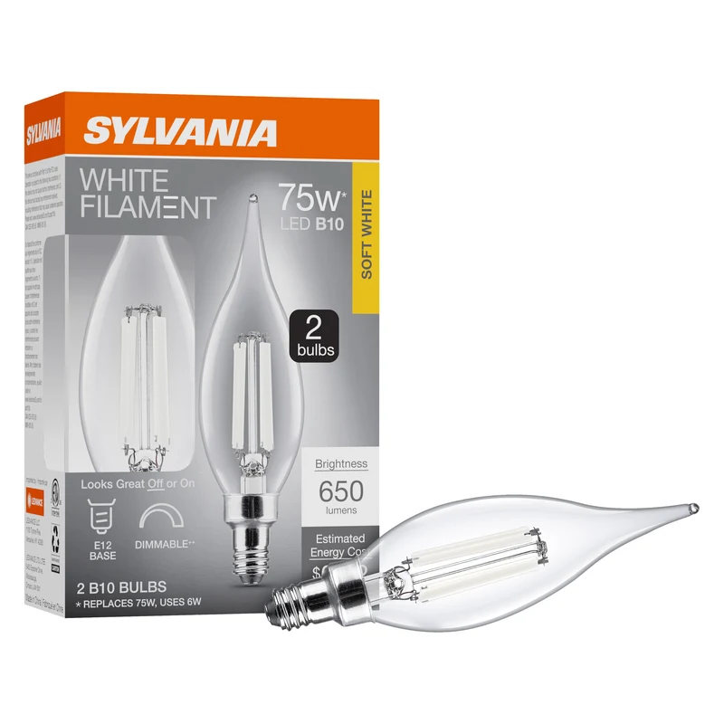 SYLVANIA B10 Clear LED White Filament Bulb, 6W, Dimmable, 650 Lms, Candelabra Base, 2700K, Soft White - 2 PK