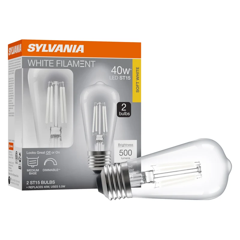SYLVANIA ST15 Clear LED White Filament Bulb, 5.5W, Dimmable, 500 Lms, Medium Base, 2700K, Soft White - 2 PK