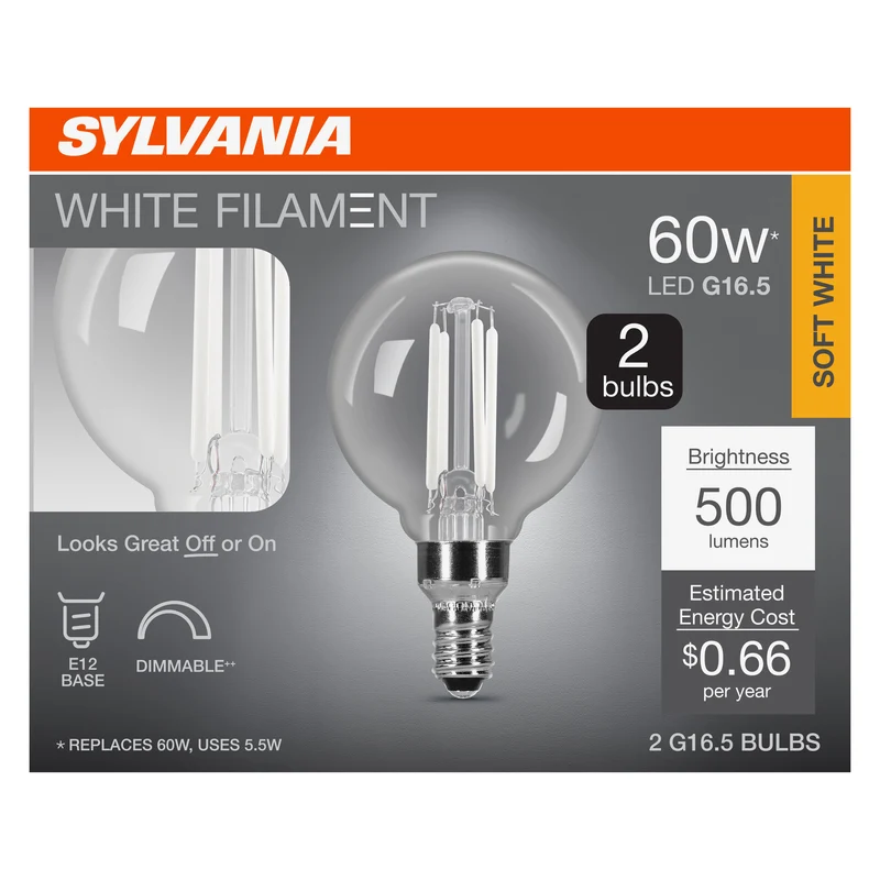 SYLVANIA G16.5 Clear Globe LED White Filament Bulb, 5.5W, Dimmable, 500 Lms, Candelabra Base, 2700K, Soft White - 2 PK