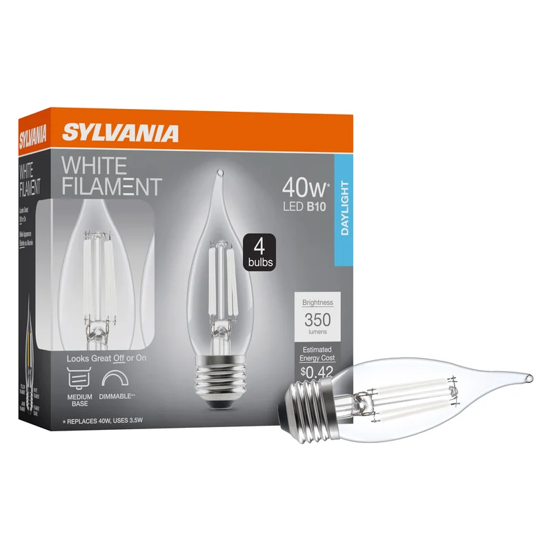 SYLVANIA B10 Clear LED White Filament Bulb, 3.5W, Dimmable, 350 Lms, Medium Base, 5000K, Daylight - 4 PK