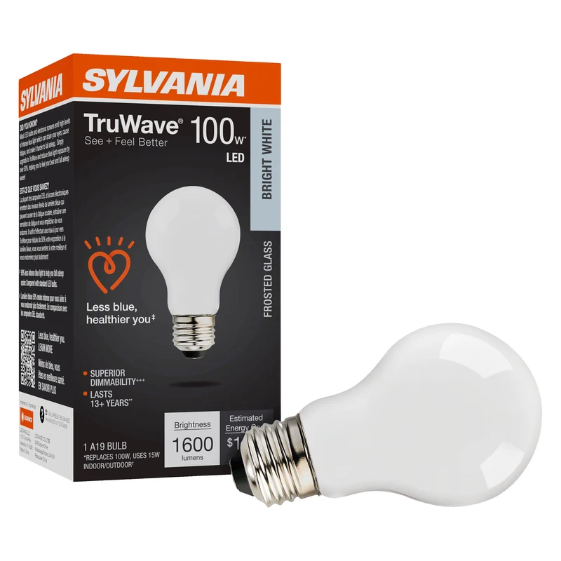 SYLVANIA LED TruWave A19 Light Bulb, 100W = 15W, 1600 Lumens, Dimmable, Frosted, 3500K, Bright White - 1 PK