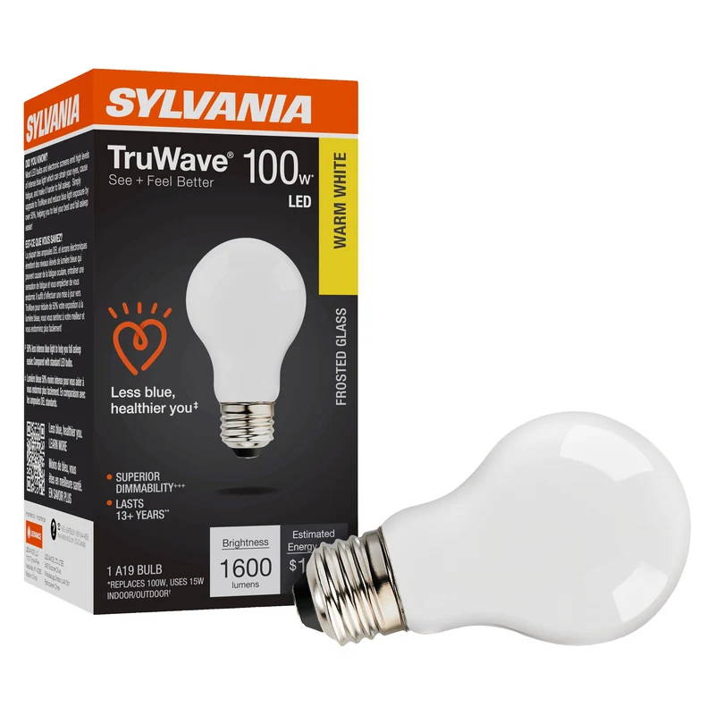 SYLVANIA LED TruWave A19 Light Bulb, 100W = 15W, 1600 Lumens, Dimmable, Frosted, 3000K, Warm White - 1 PK